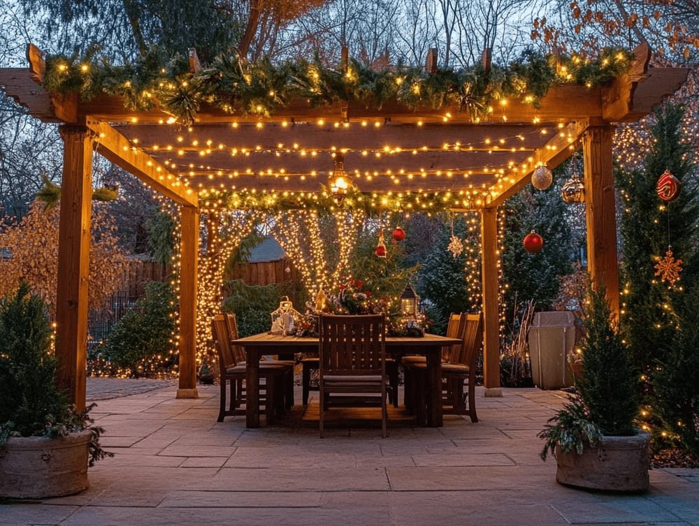 Festive Pergola Draped with Lights and Greenery